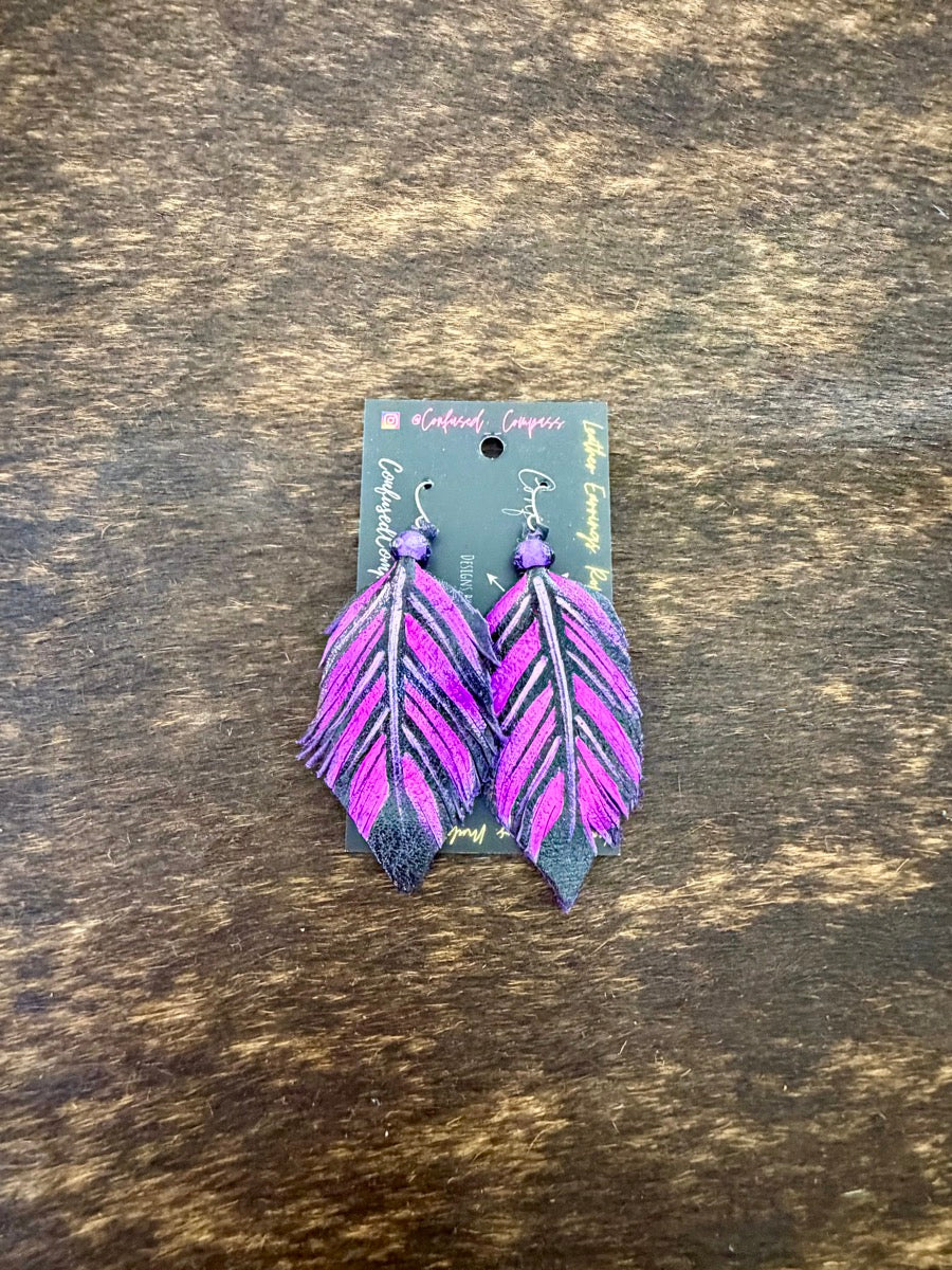 Hand Painted Leather Feather Earrings          CC1111