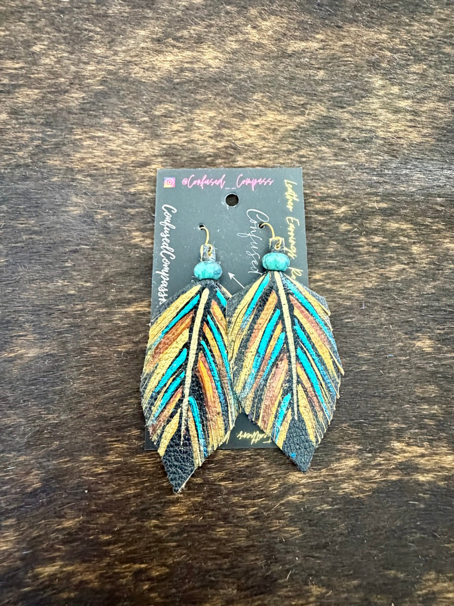 Hand Painted Leather Feather Earrings          CC1111