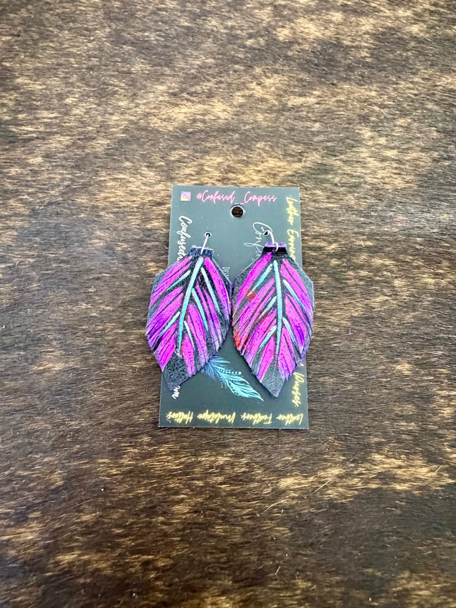 Hand Painted Leather Feather Earrings          CC1111