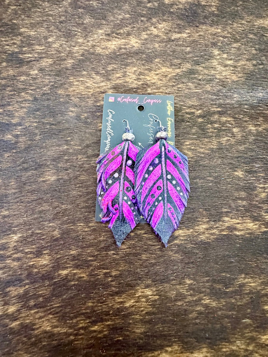 Hand Painted Leather Feather Earrings          CC1111