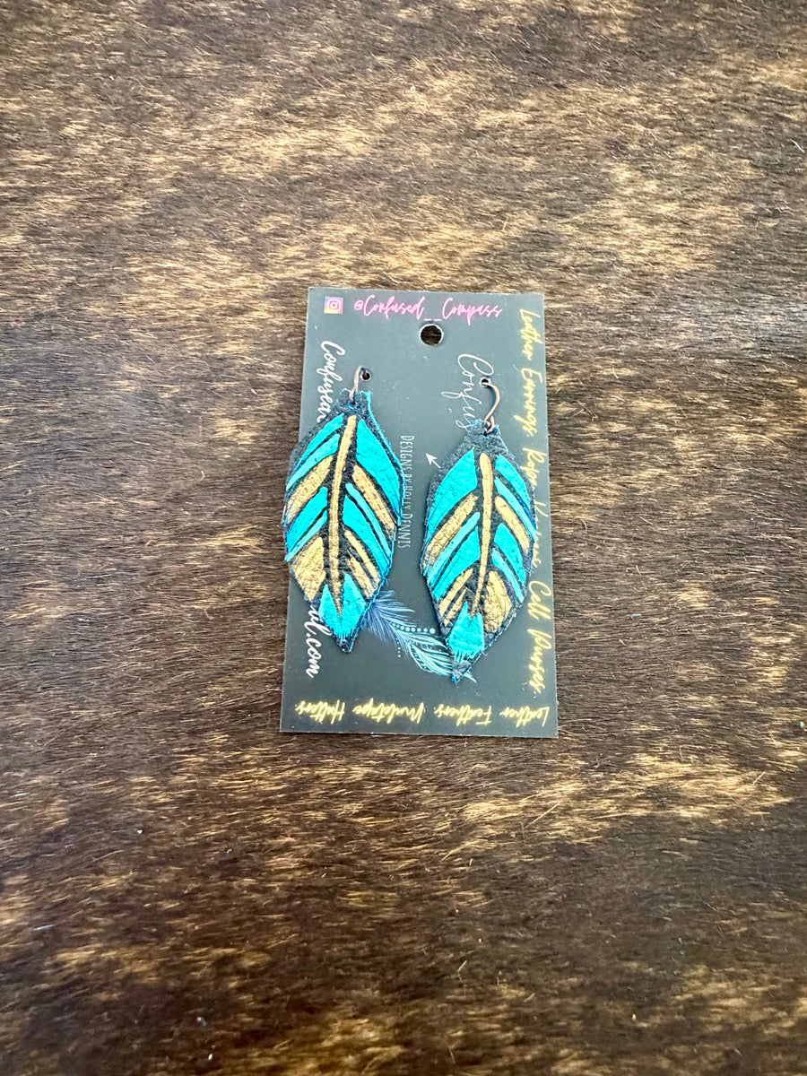 Hand Painted Leather Feather Earrings          CC1111