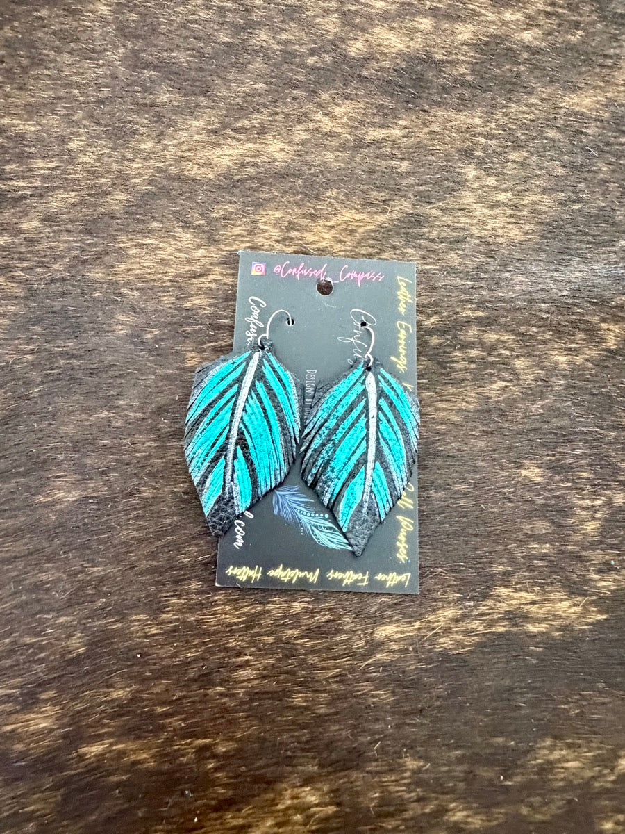 Hand Painted Leather Feather Earrings          CC1111