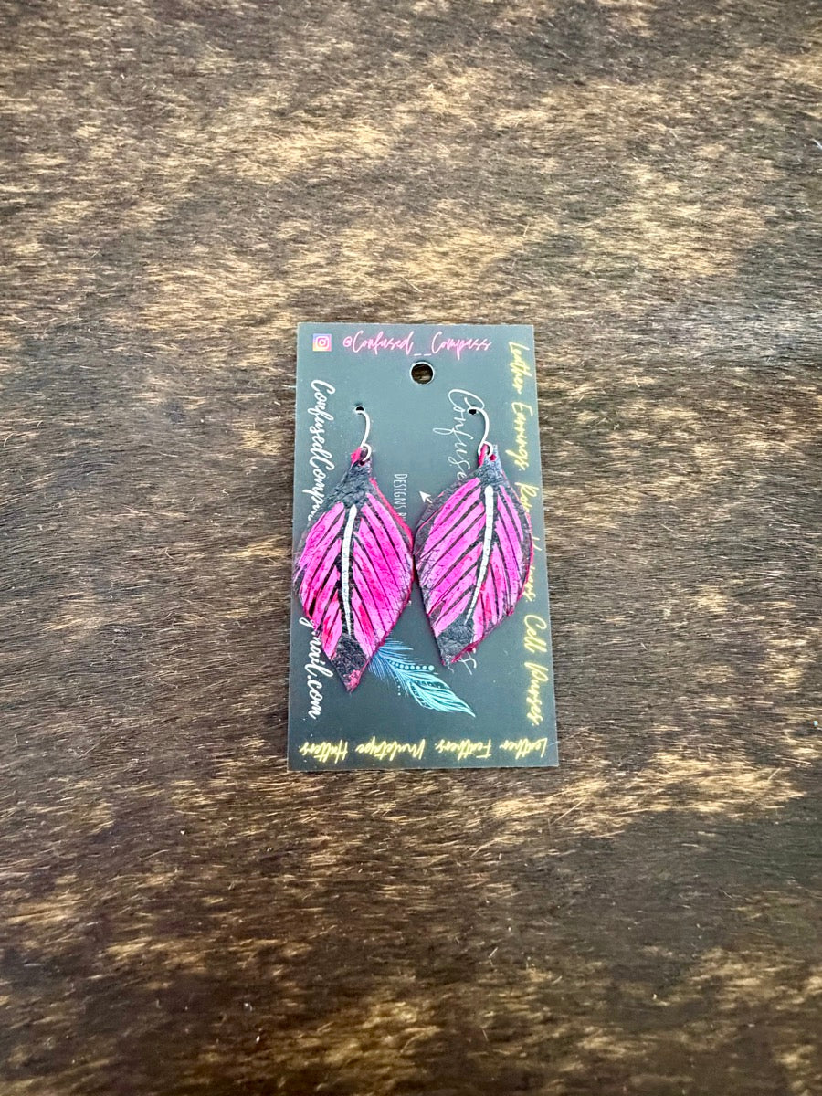 Hand Painted Leather Feather Earrings          CC1111