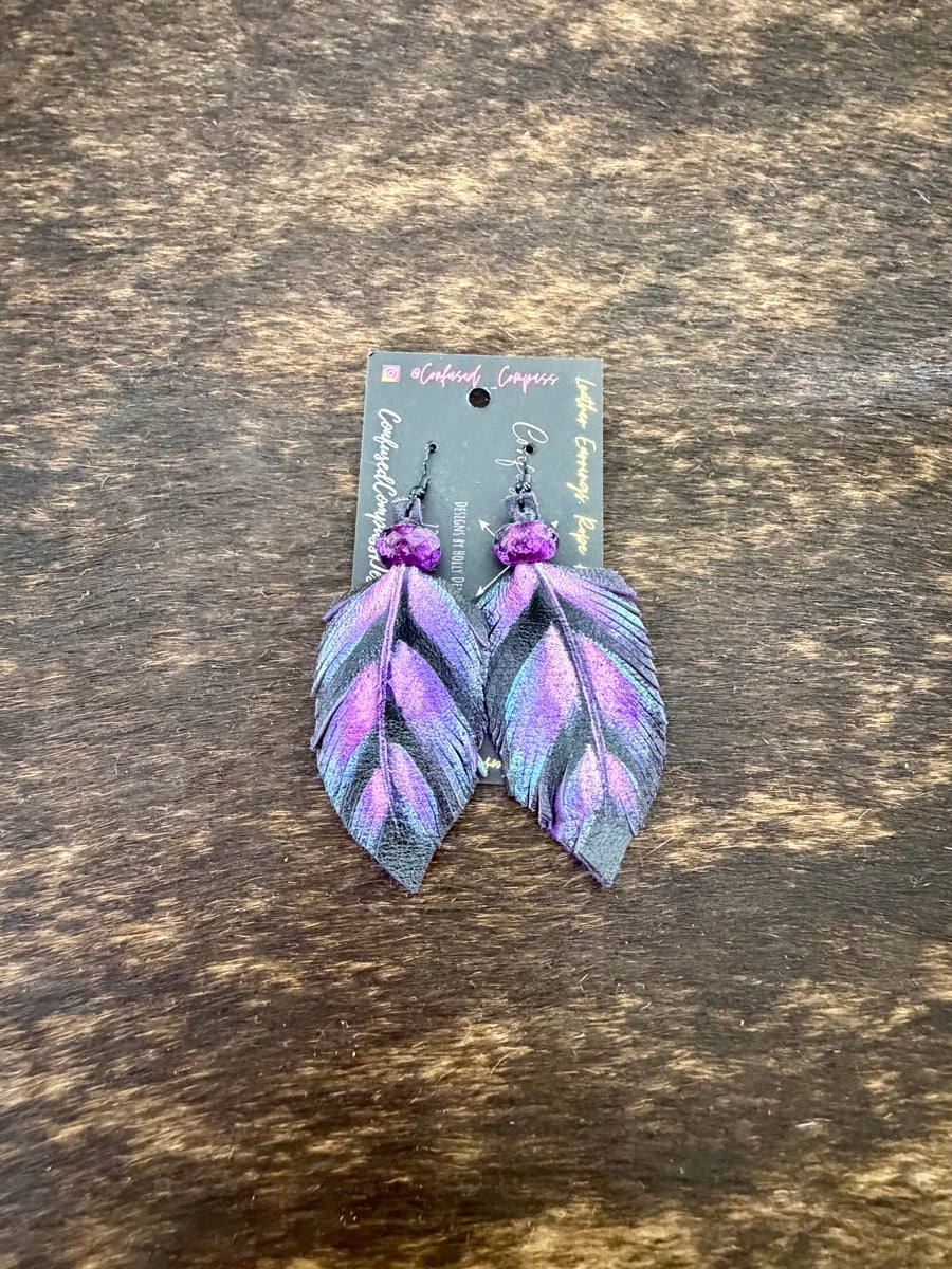Hand Painted Leather Feather Earrings          CC1111