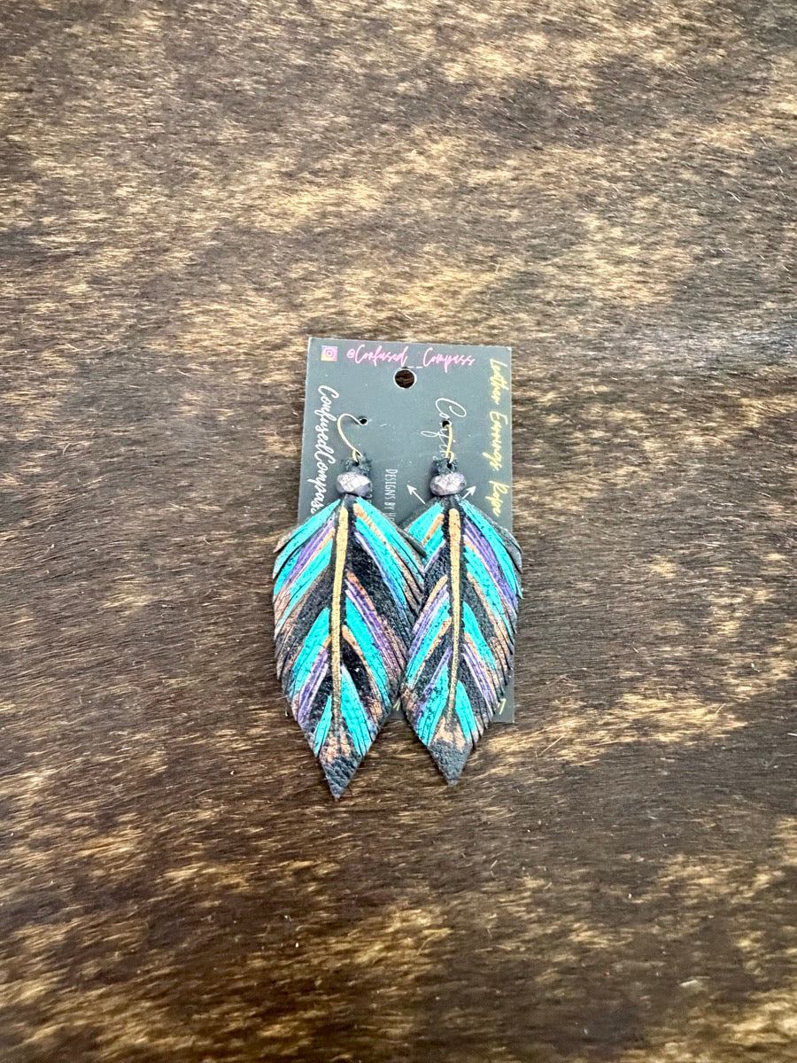 Hand Painted Leather Feather Earrings          CC1111