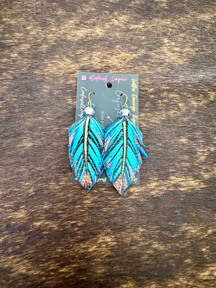 Hand Painted Leather Feather Earrings          CC1111