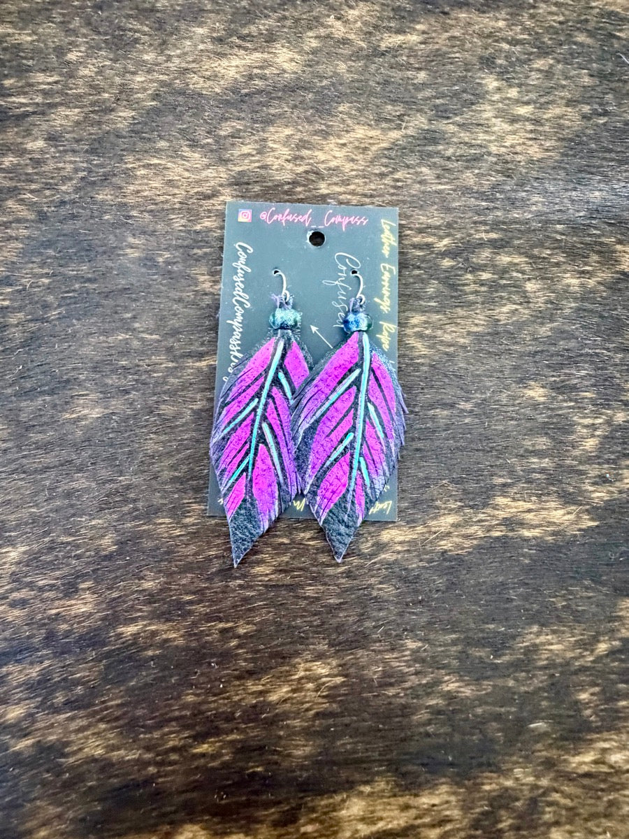 Hand Painted Leather Feather Earrings          CC1111