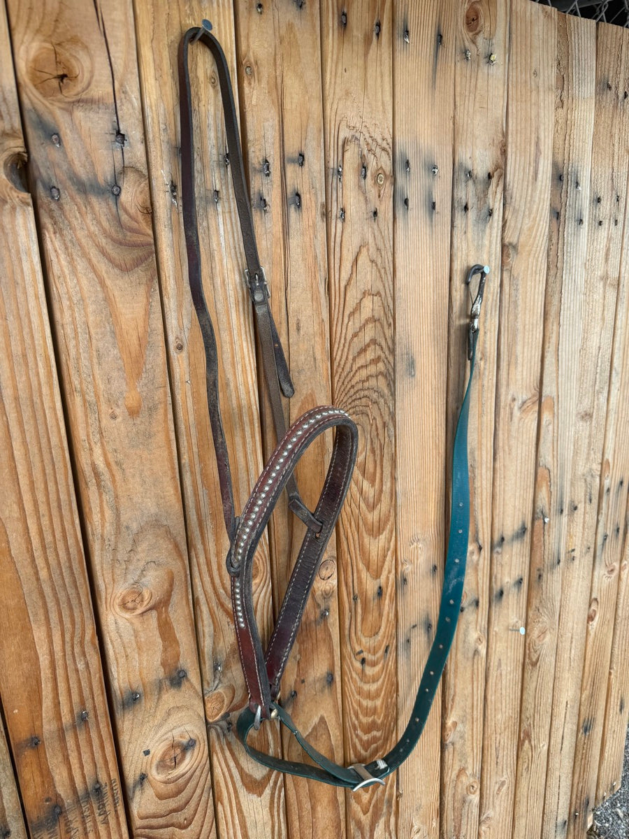Cowperson Tack Dark Leather Noseband with Fancy Dots with Biothane Tie Down Strap   TD1148
