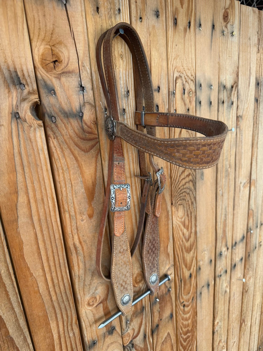 Basketweave Leather Browband Headstall Jeremiah Watt Conchos      HS1250