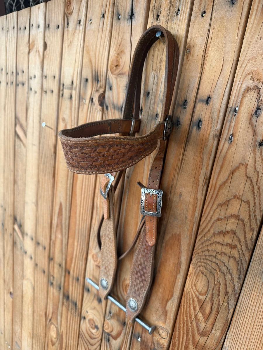 Basketweave Leather Browband Headstall Jeremiah Watt Conchos      HS1250