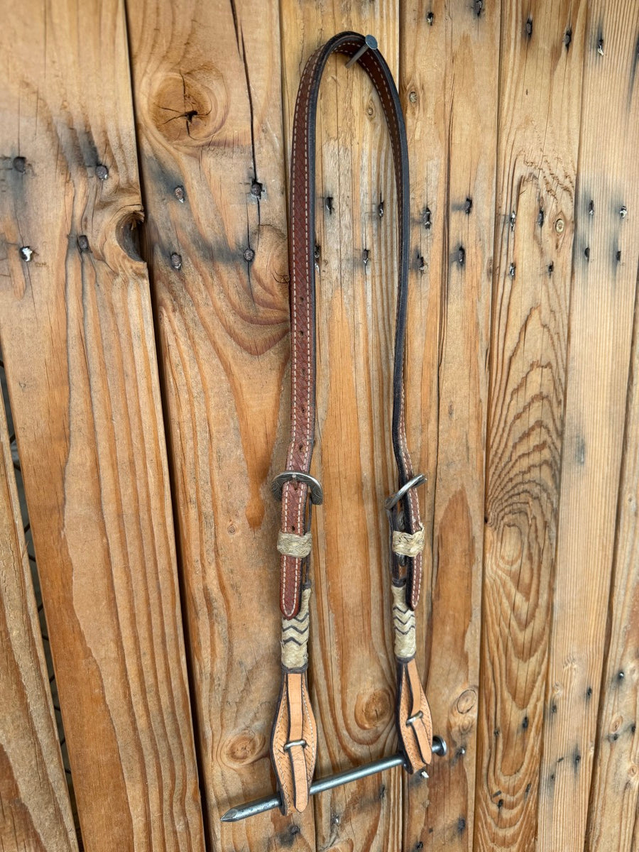 Leather No Ear Basketweave Leather Headstall with Quick Change Bit Ends     HS1251