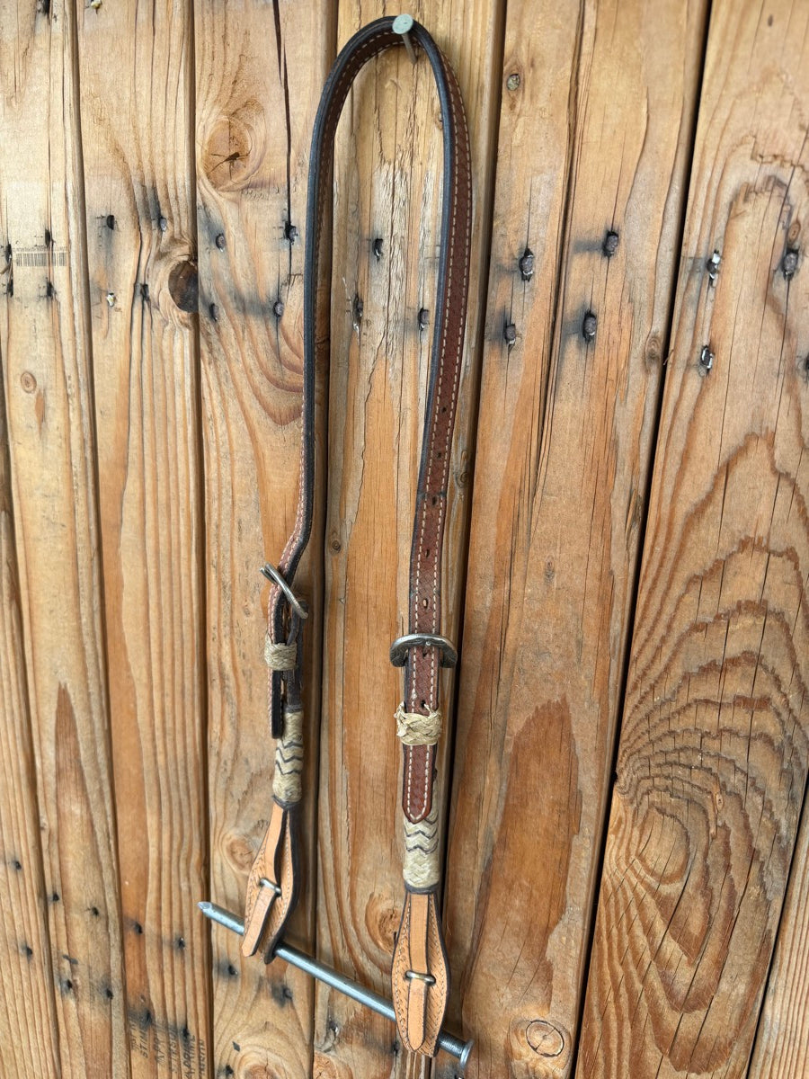 Leather No Ear Basketweave Leather Headstall with Quick Change Bit Ends     HS1251