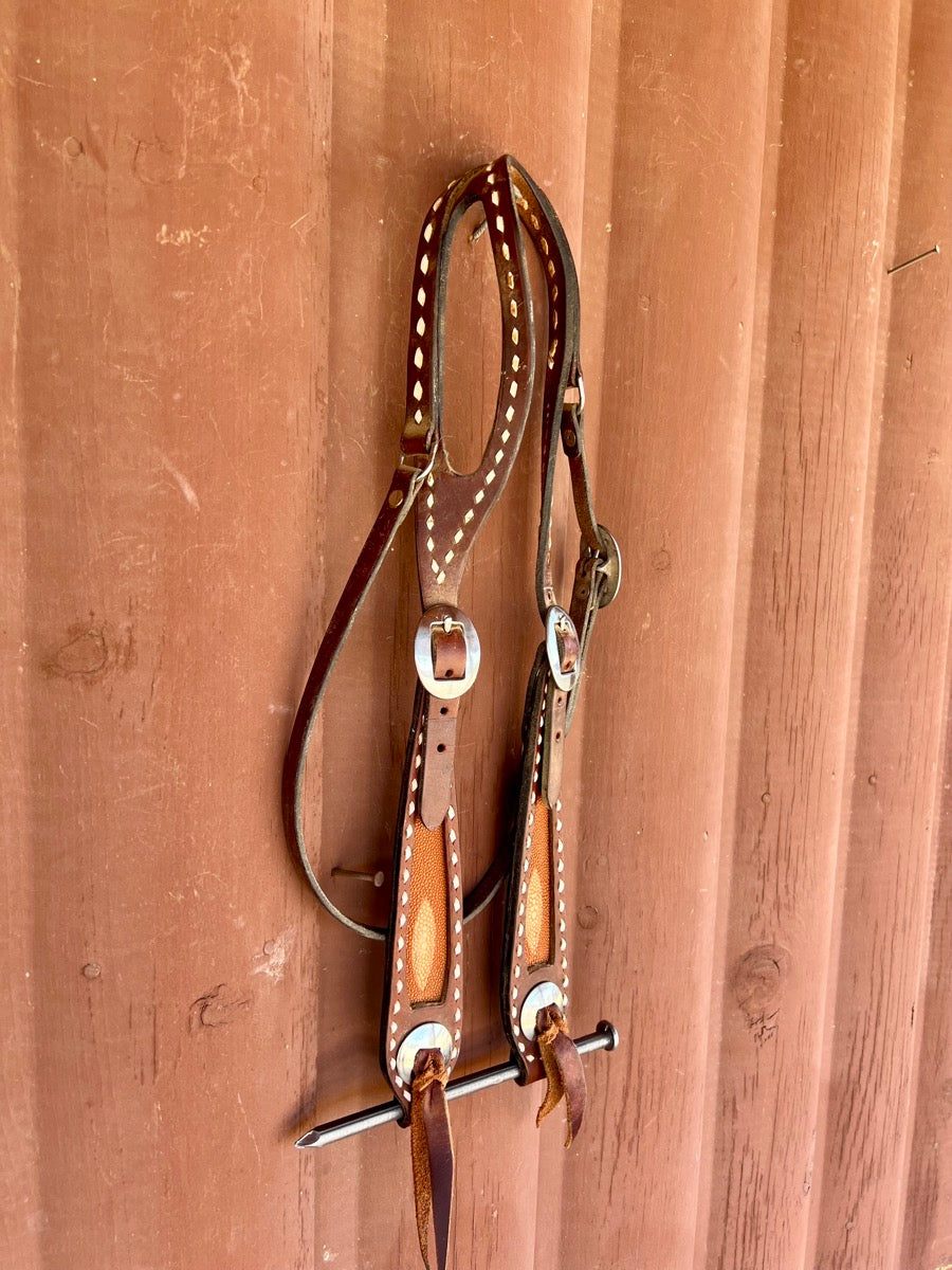 Leather Slit Ear Headstall with Stingray Cheeks by Riata Saddles    HS1154