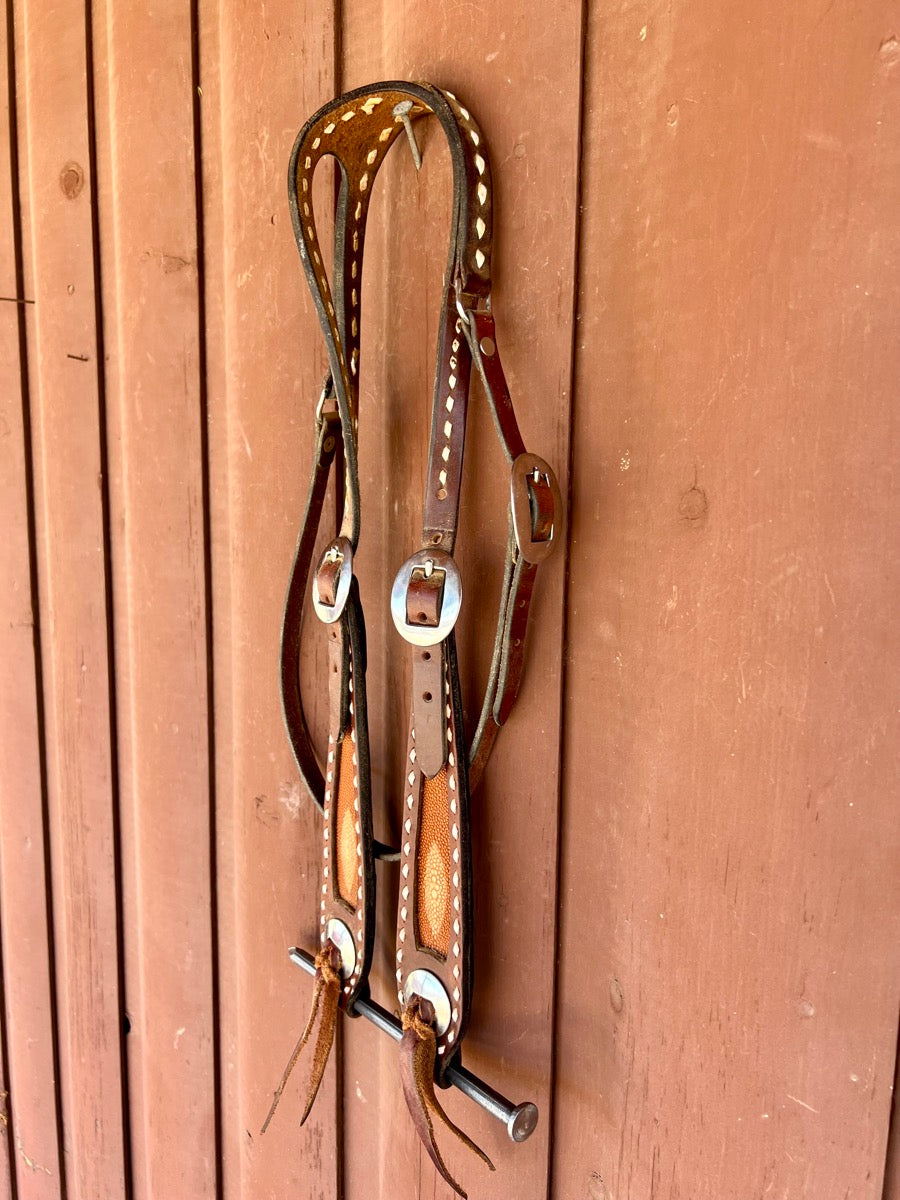 Leather Slit Ear Headstall with Stingray Cheeks by Riata Saddles    HS1154