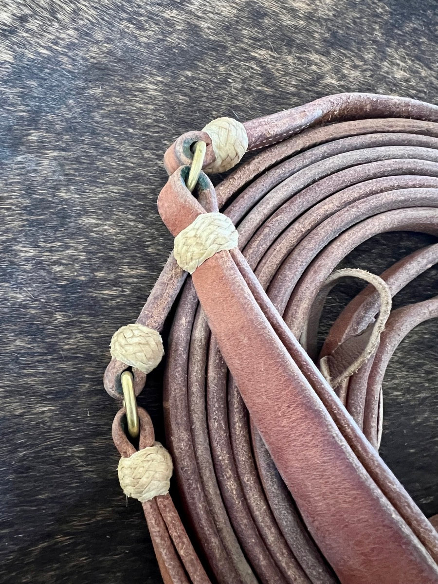 Jose Ortiz Vaquero Leather Split Reins with Rawhide Buttons Leather Poppers     RN1154