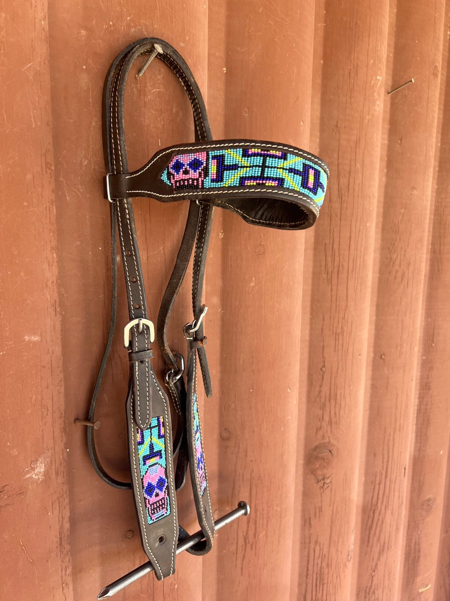 Beaded Skulls Black Lather Browband Headstall     HS1158