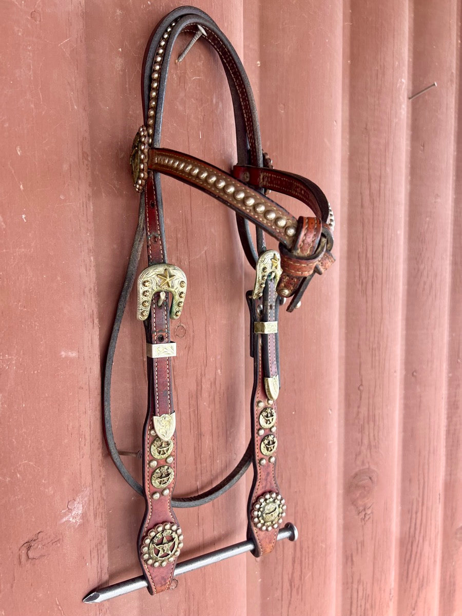 Cowperson Tack Fancy Scallop Knotted Browband Headstall with Longhorn Conchos     HS1161
