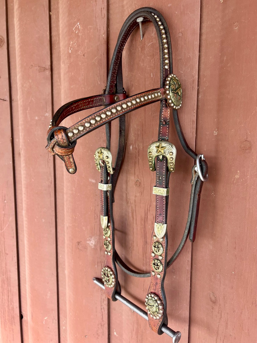 Cowperson Tack Fancy Scallop Knotted Browband Headstall with Longhorn Conchos     HS1161