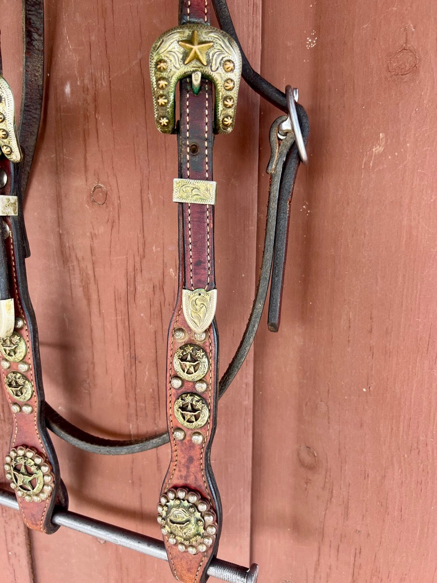 Cowperson Tack Fancy Scallop Knotted Browband Headstall with Longhorn Conchos     HS1161