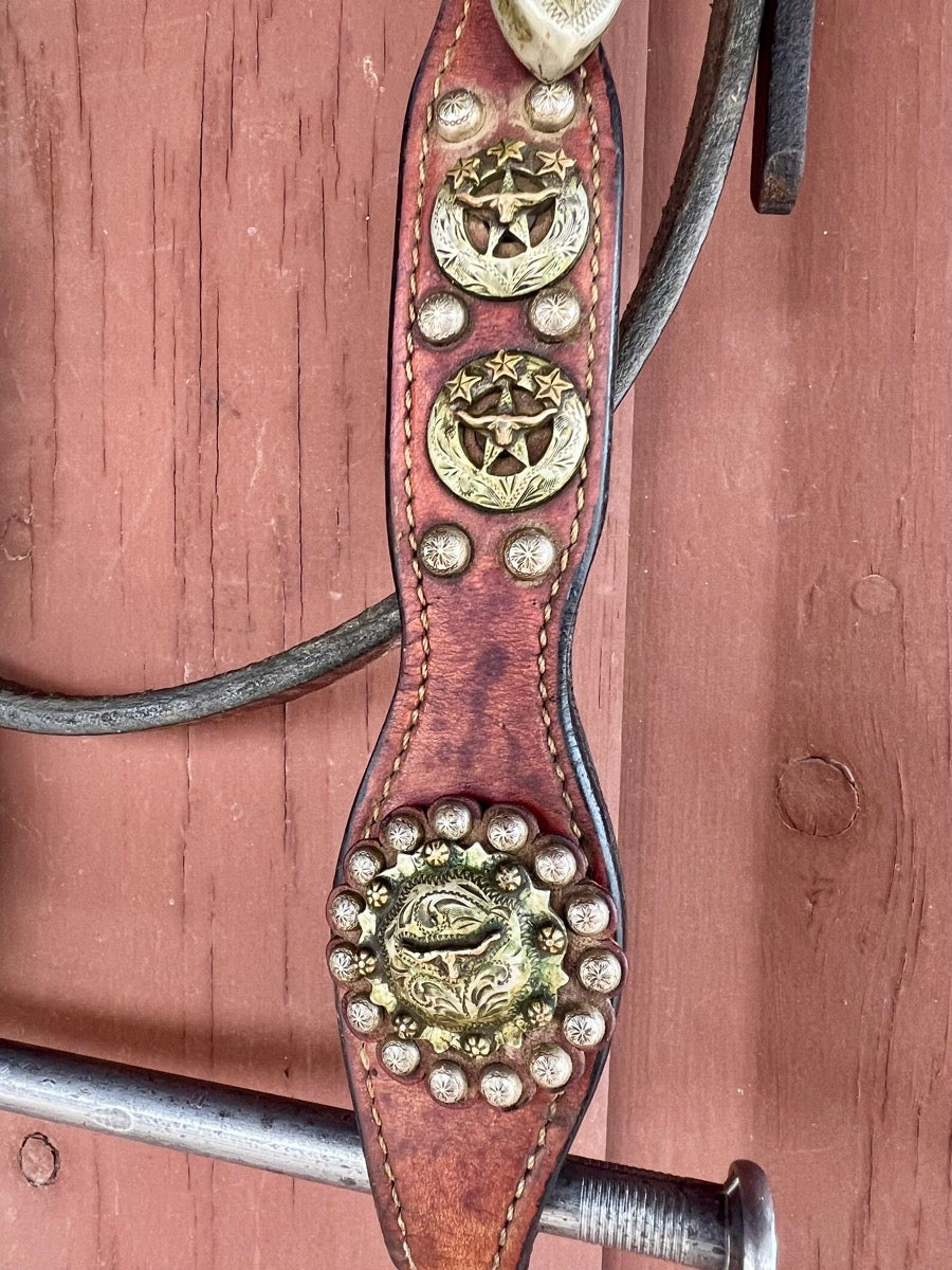 Cowperson Tack Fancy Scallop Knotted Browband Headstall with Longhorn Conchos     HS1161