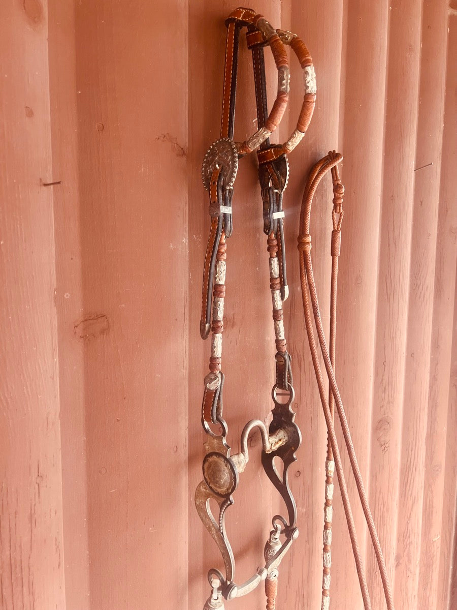 Dale Chavez Bridle Set with Double Ear Headstall Silver Romel Reins and Silver Bit
