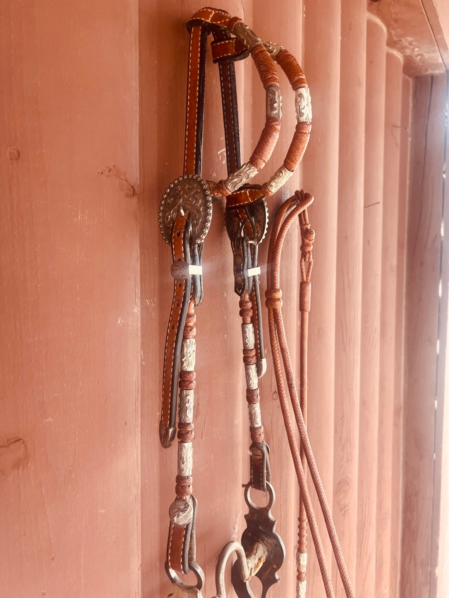 Dale Chavez Bridle Set with Double Ear Headstall Silver Romel Reins and Silver Bit