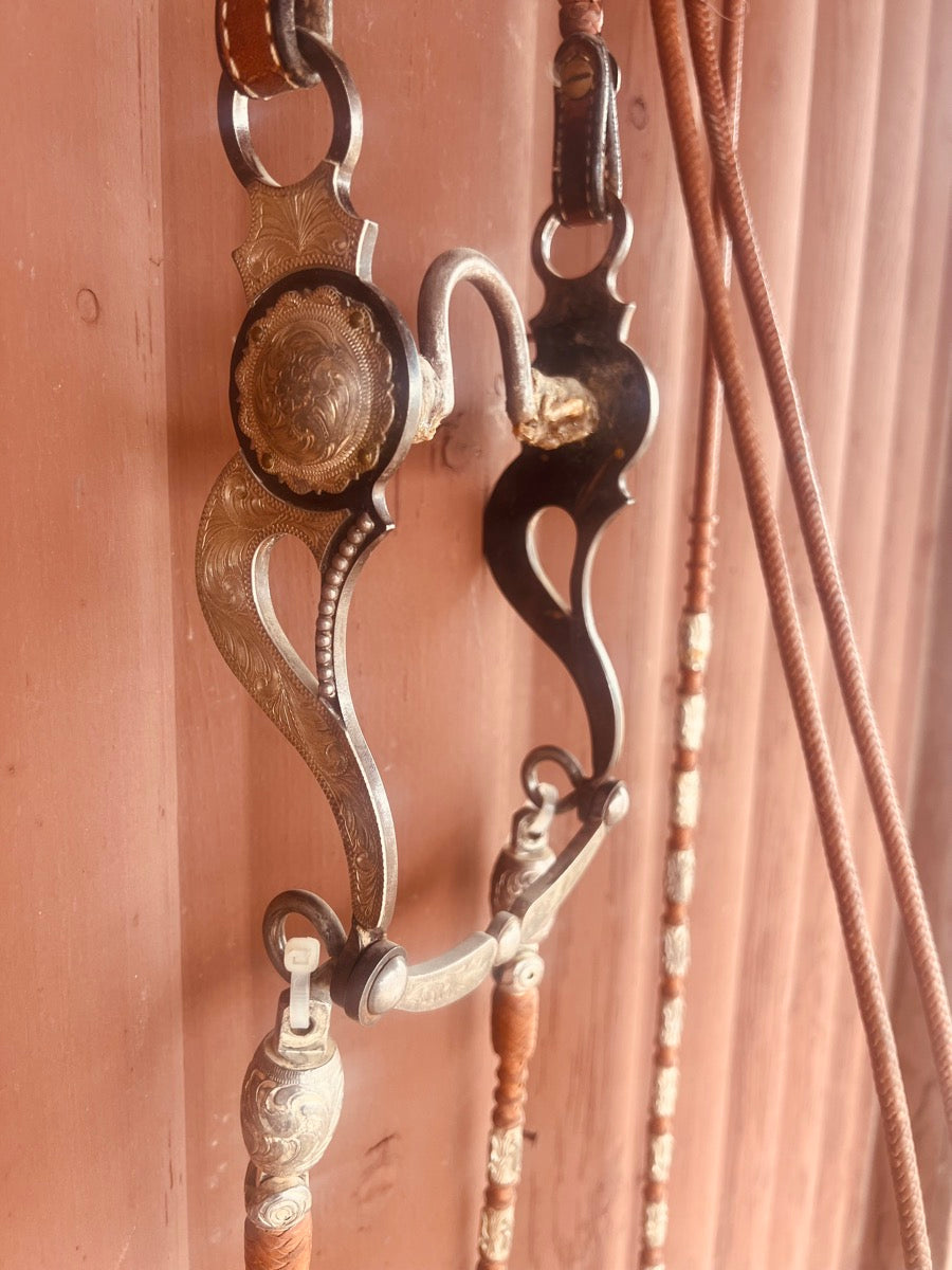 Dale Chavez Bridle Set with Double Ear Headstall Silver Romel Reins and Silver Bit