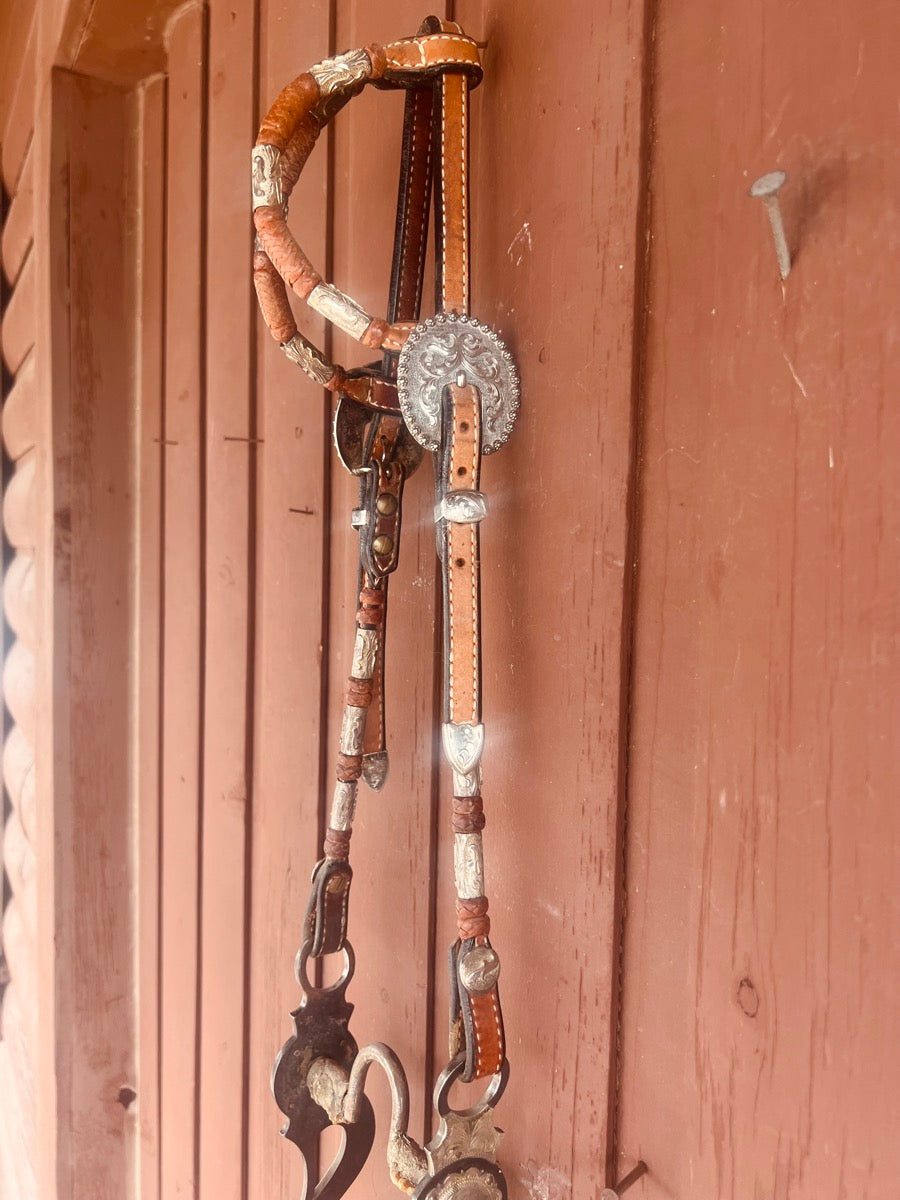 Dale Chavez Bridle Set with Double Ear Headstall Silver Romel Reins and Silver Bit