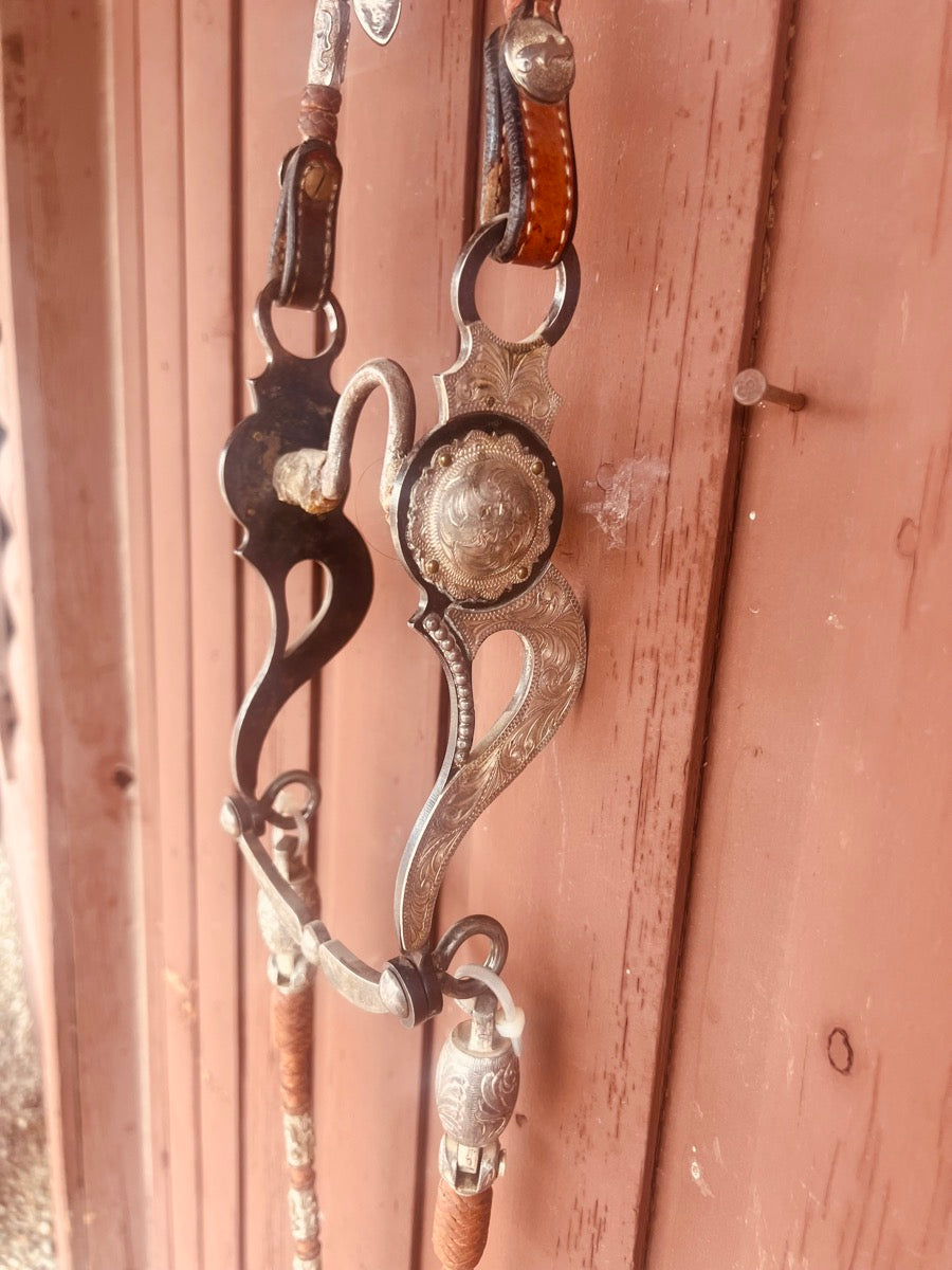 Dale Chavez Bridle Set with Double Ear Headstall Silver Romel Reins and Silver Bit