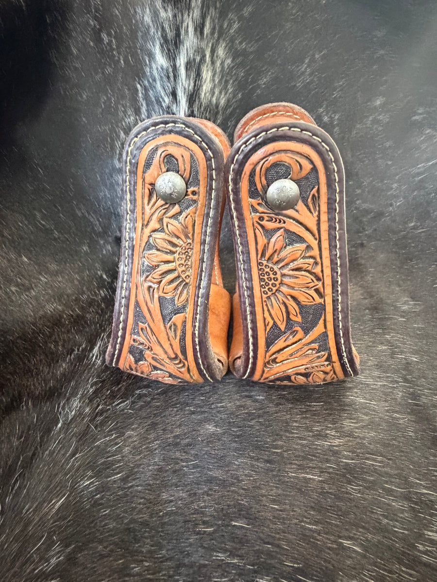 Sunflower Tooled Leather Bell Stirrups      STR1138