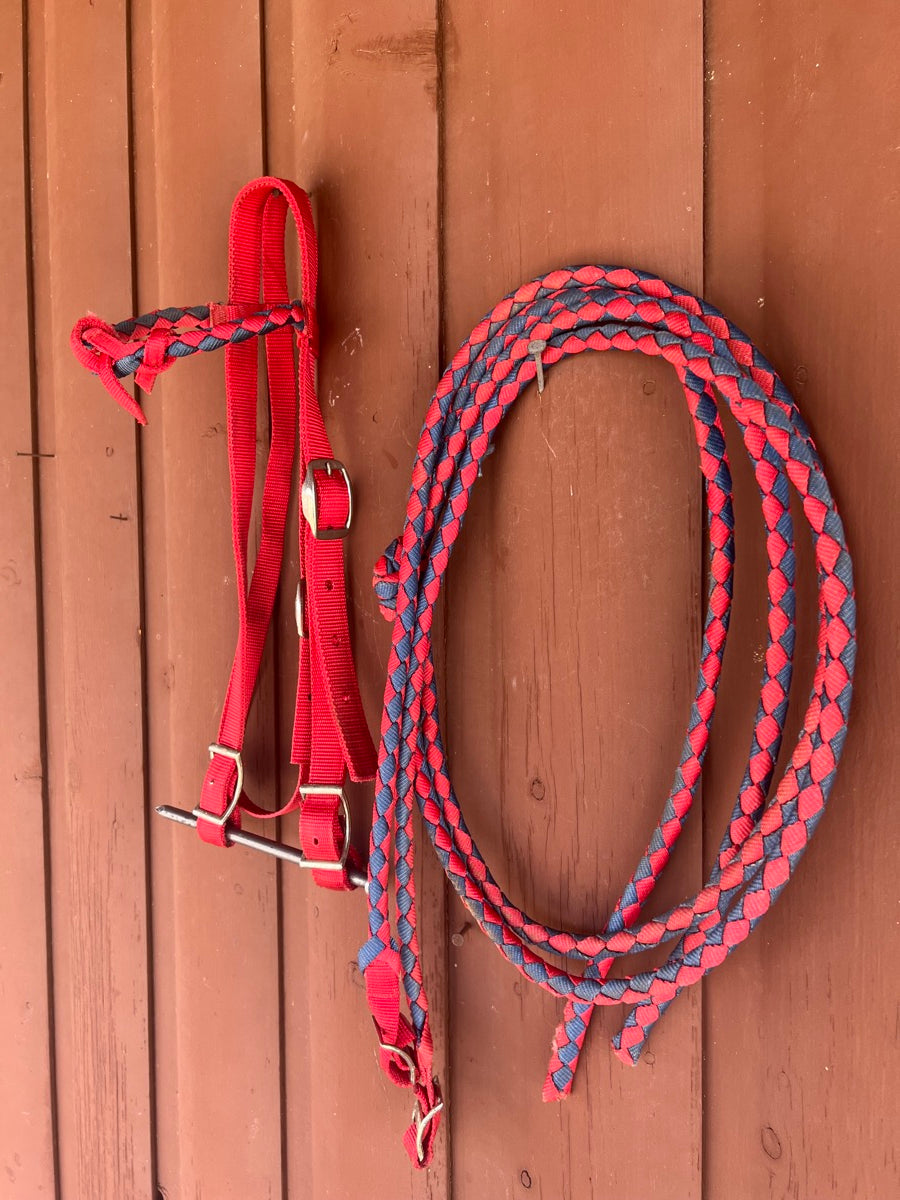 Red Nylon Horse Headstall and Braided Nylon Split Reins Tack Set      HS1165