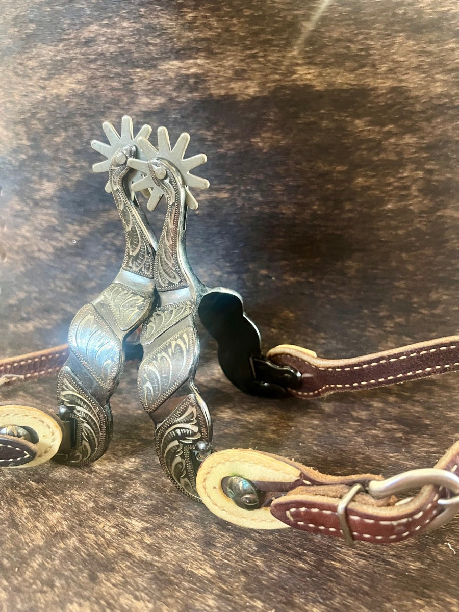 Vintage 10 Point Rowel Mens Western Spurs with Leather Spur Straps    SPR1126
