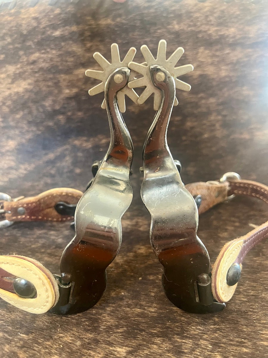 Vintage 10 Point Rowel Mens Western Spurs with Leather Spur Straps    SPR1126