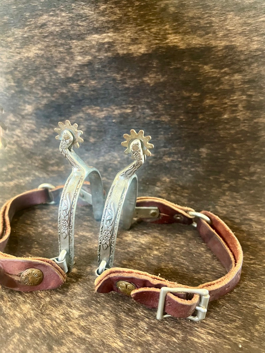 Vintage Engraved Metal Western Spurs with Leather Spur Straps    SPR1129