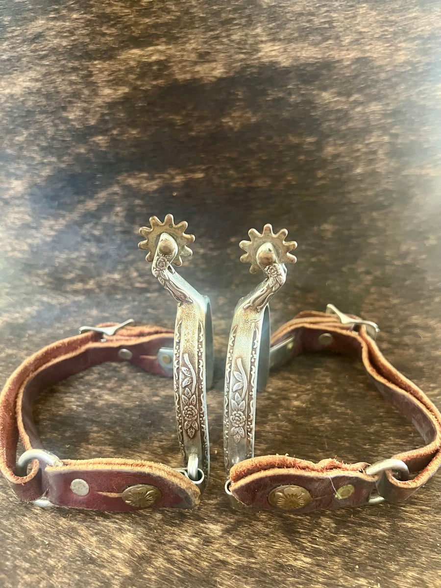 Vintage Engraved Metal Western Spurs with Leather Spur Straps    SPR1129