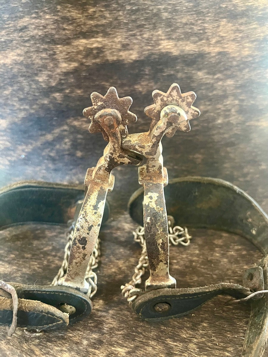 Vintage Metal Western Spurs with Heel Chains and Leather Spur Straps    SPR1131