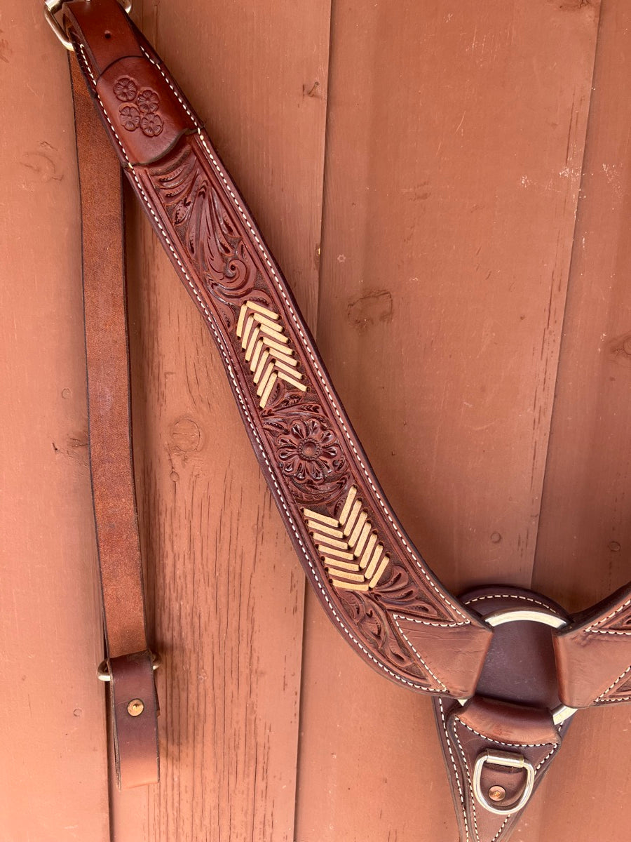 Floral Tooled Leather Western Pulling Collar with Rawhide  BCL1135