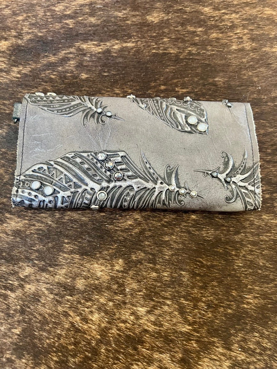 Feather Embossed Leather Wallet with Gems