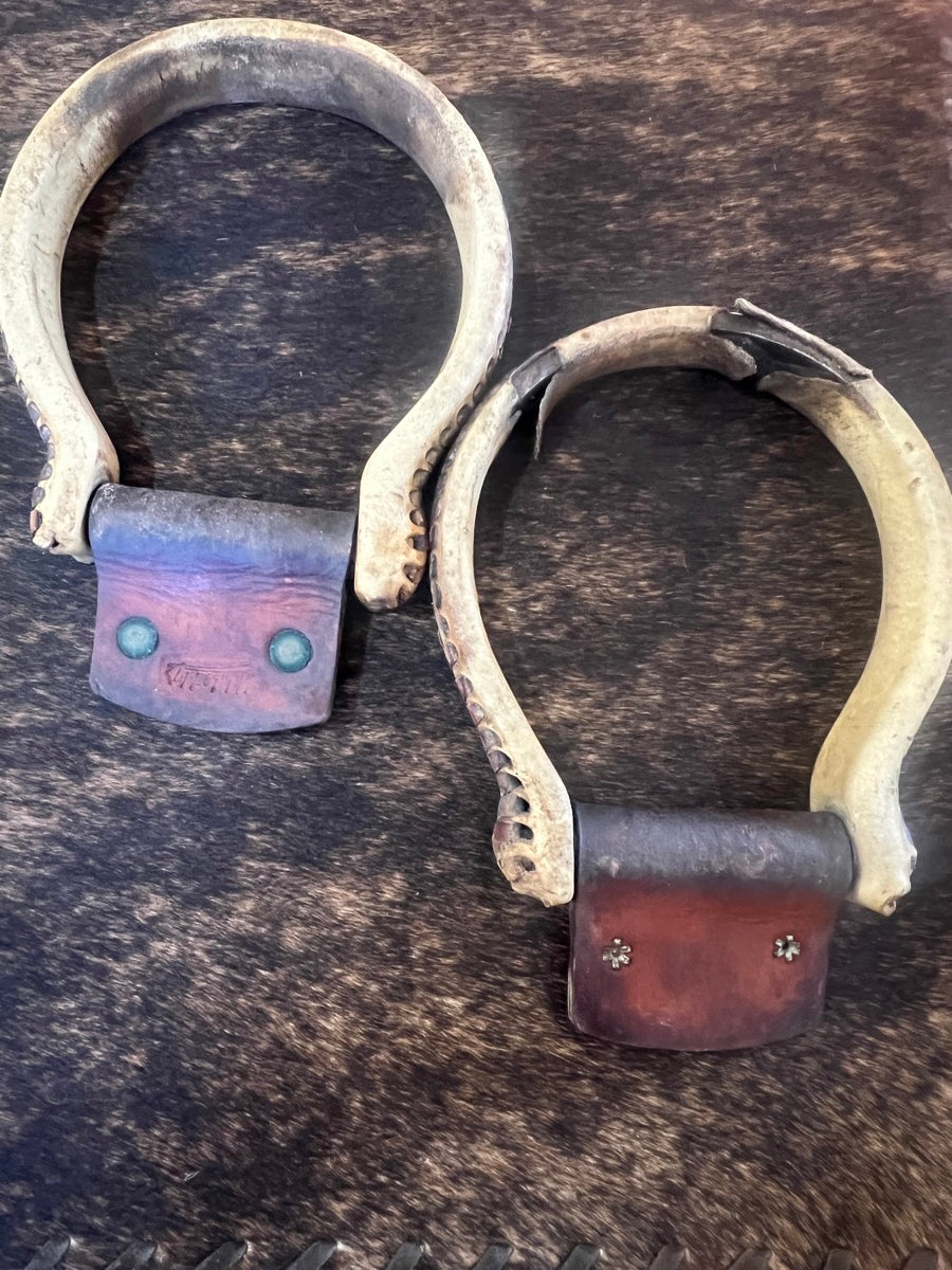 Vintage Rawhide Covered Iron Oxbow Stirrups   STR1117