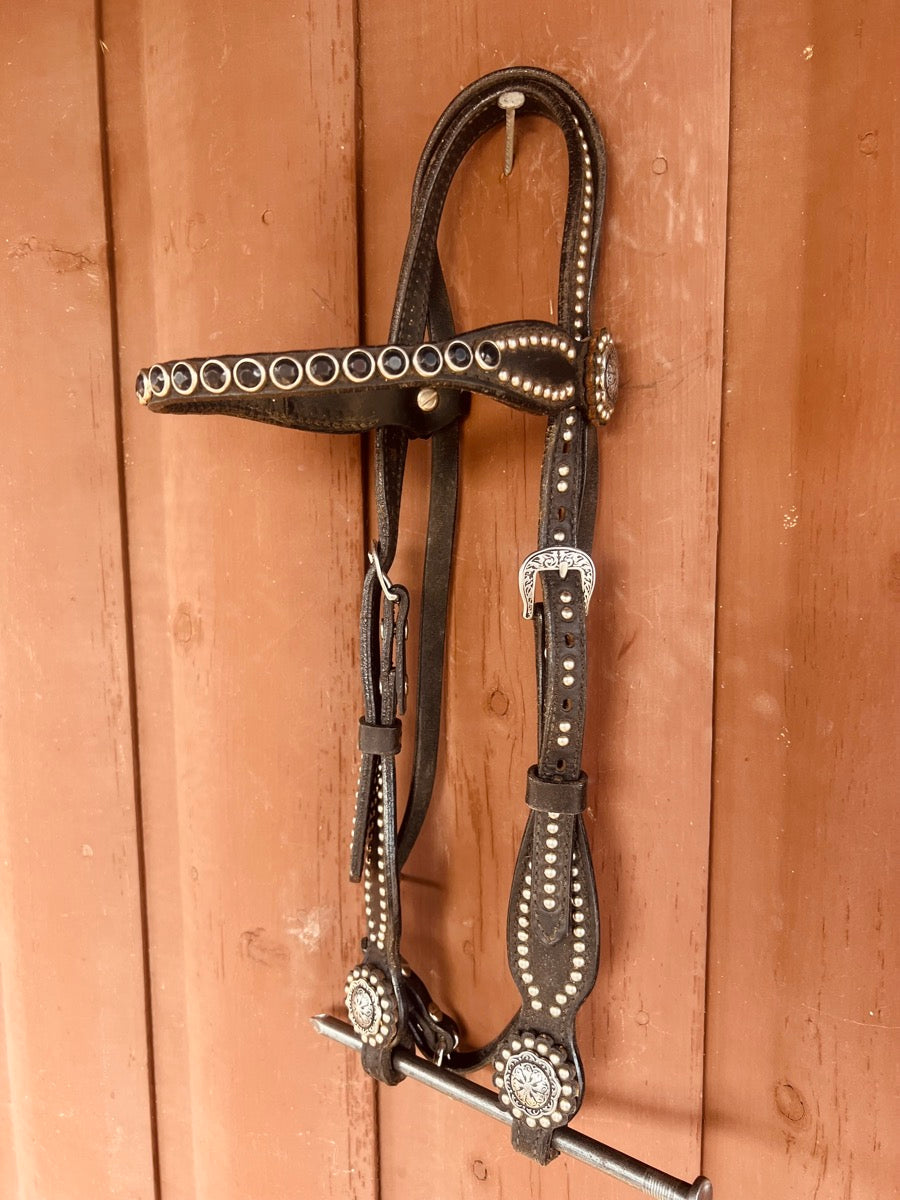 Black Leather Headstall and Reins Set with Jeremiah Watt Buckles