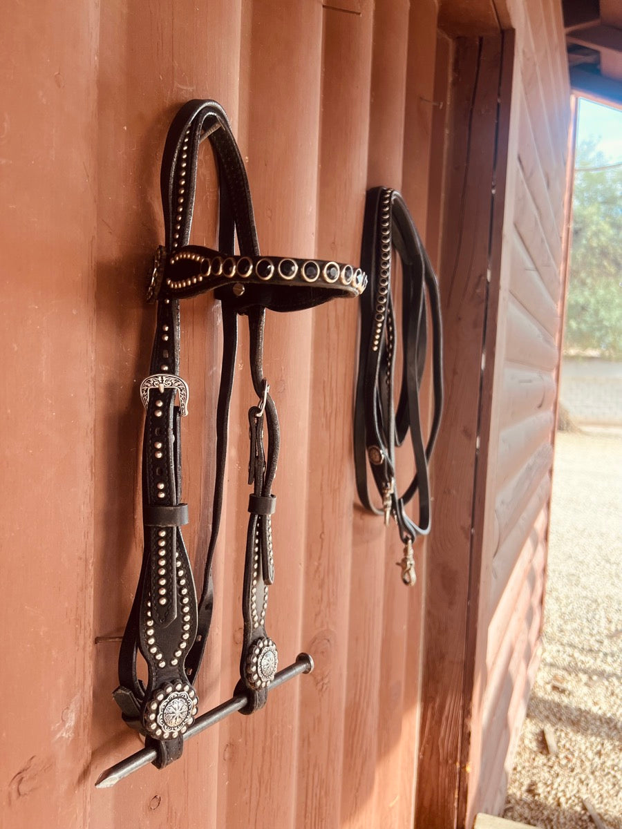 Black Leather Headstall and Reins Set with Jeremiah Watt Buckles