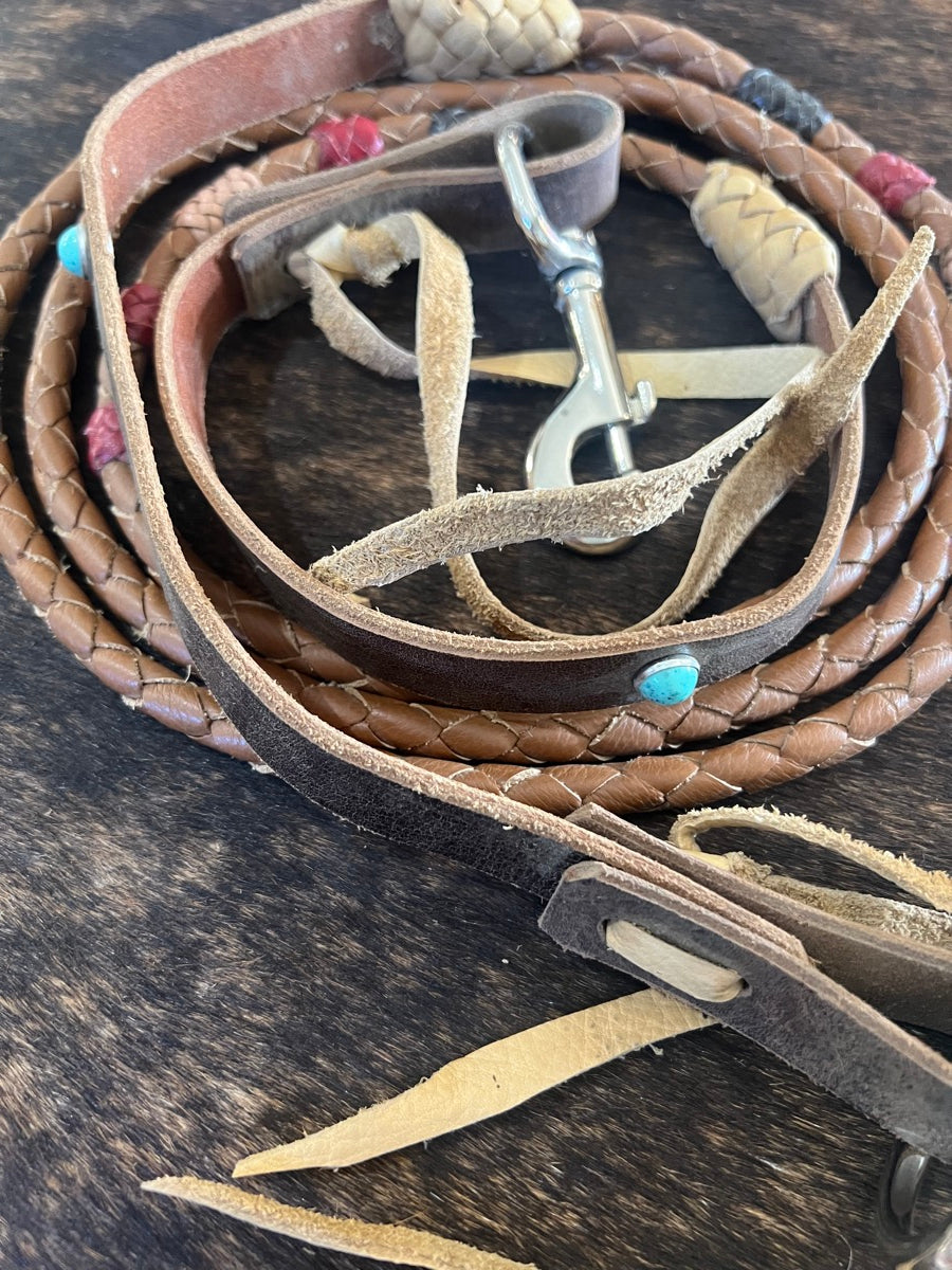 9 ft Soft Braided Leather and Rawhide Reins with Turquoise Dots      RN1171