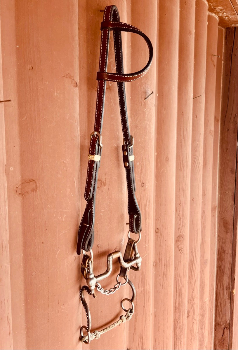 Tom Balding Bits Hinge Port Ball Hinge Cheek Bit on Teskey's One Ear Leather Headstall       HS1189