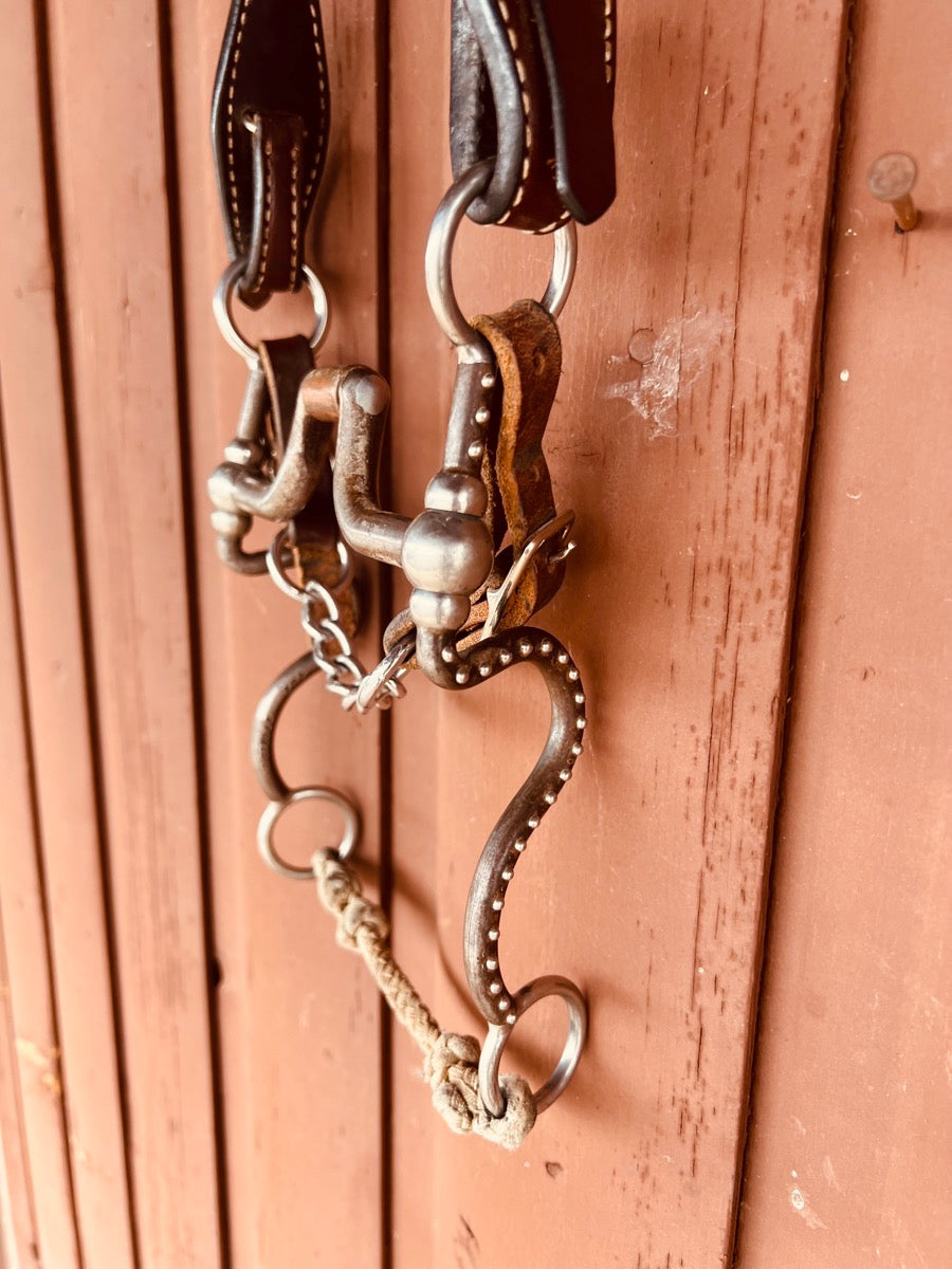 Tom Balding Bits Hinge Port Ball Hinge Cheek Bit on Teskey's One Ear Leather Headstall       HS1189