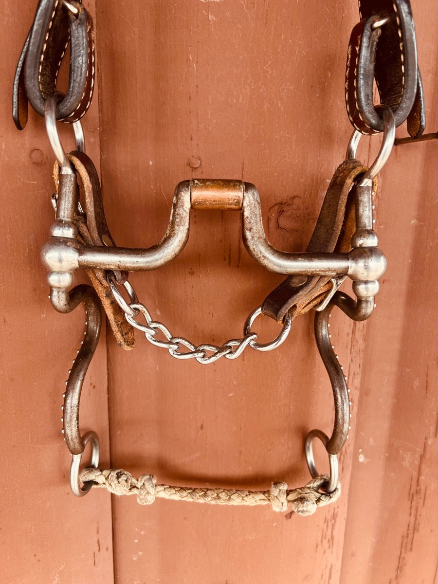 Tom Balding Bits Hinge Port Ball Hinge Cheek Bit on Teskey's One Ear Leather Headstall       HS1189