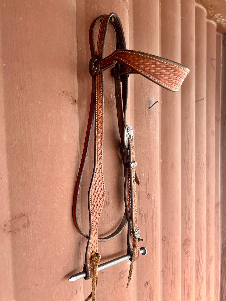 Dale Martin Saddlery Basket Leather Browband Headstall with IRON Silver Overlay Buckle        HS1190