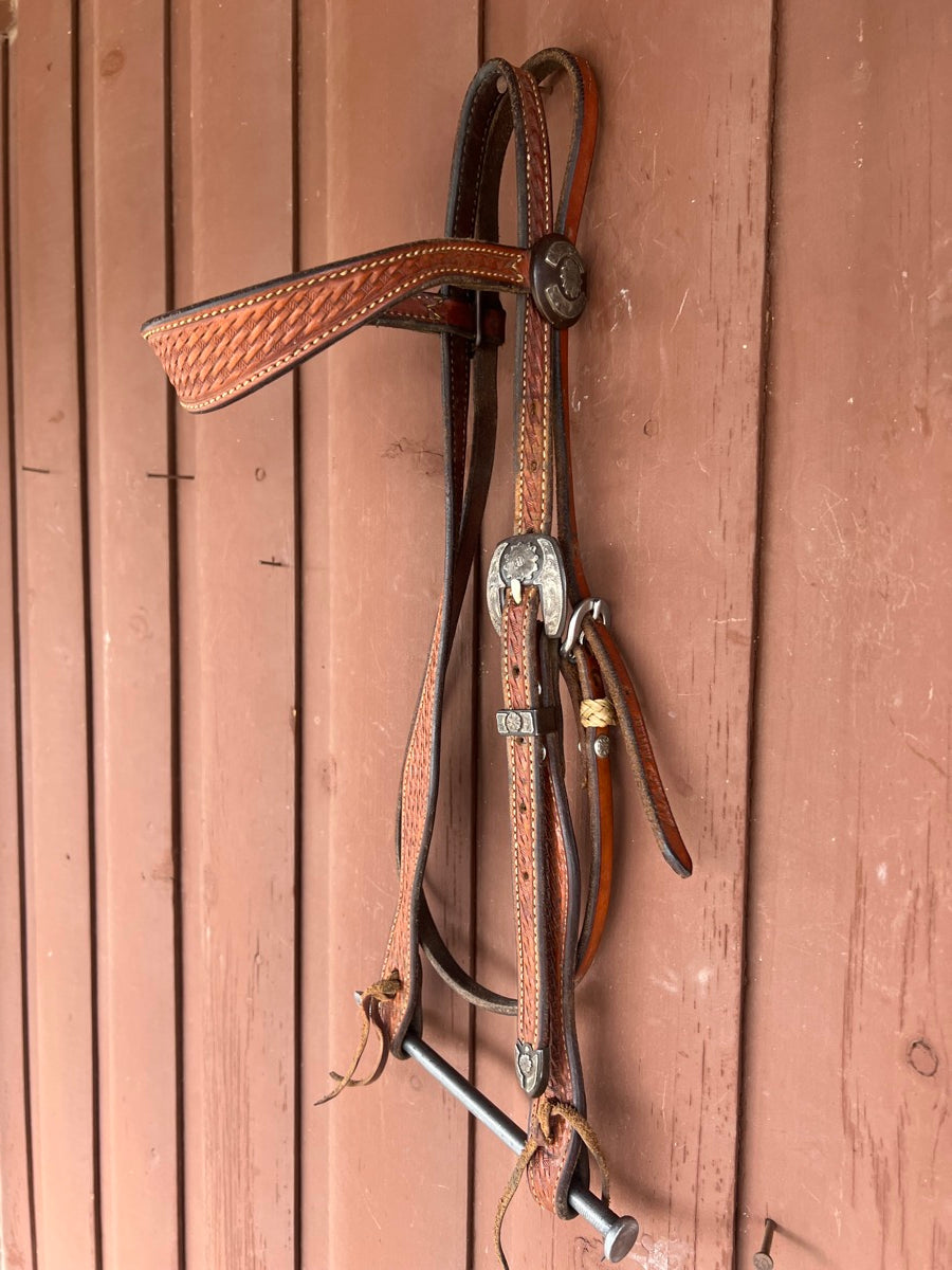 Dale Martin Saddlery Basket Leather Browband Headstall with IRON Silver Overlay Buckle        HS1190