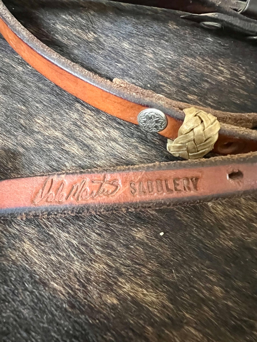 Dale Martin Saddlery Basket Leather Browband Headstall with IRON Silver Overlay Buckle        HS1190