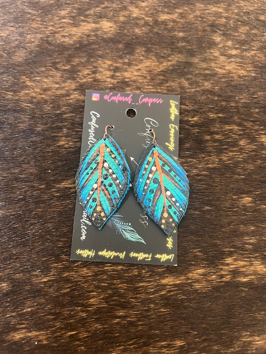 Hand Painted Leather Feather Earrings