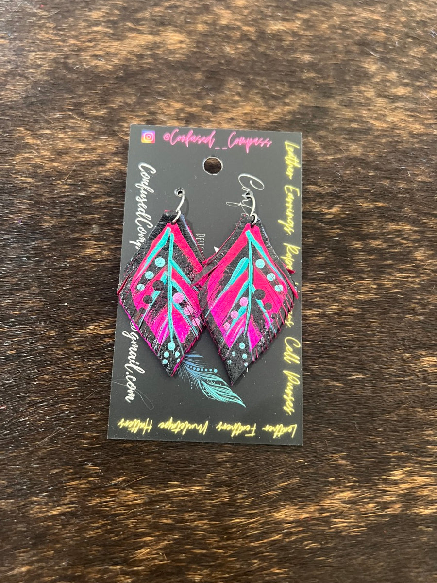 Hand Painted Leather Feather Earrings